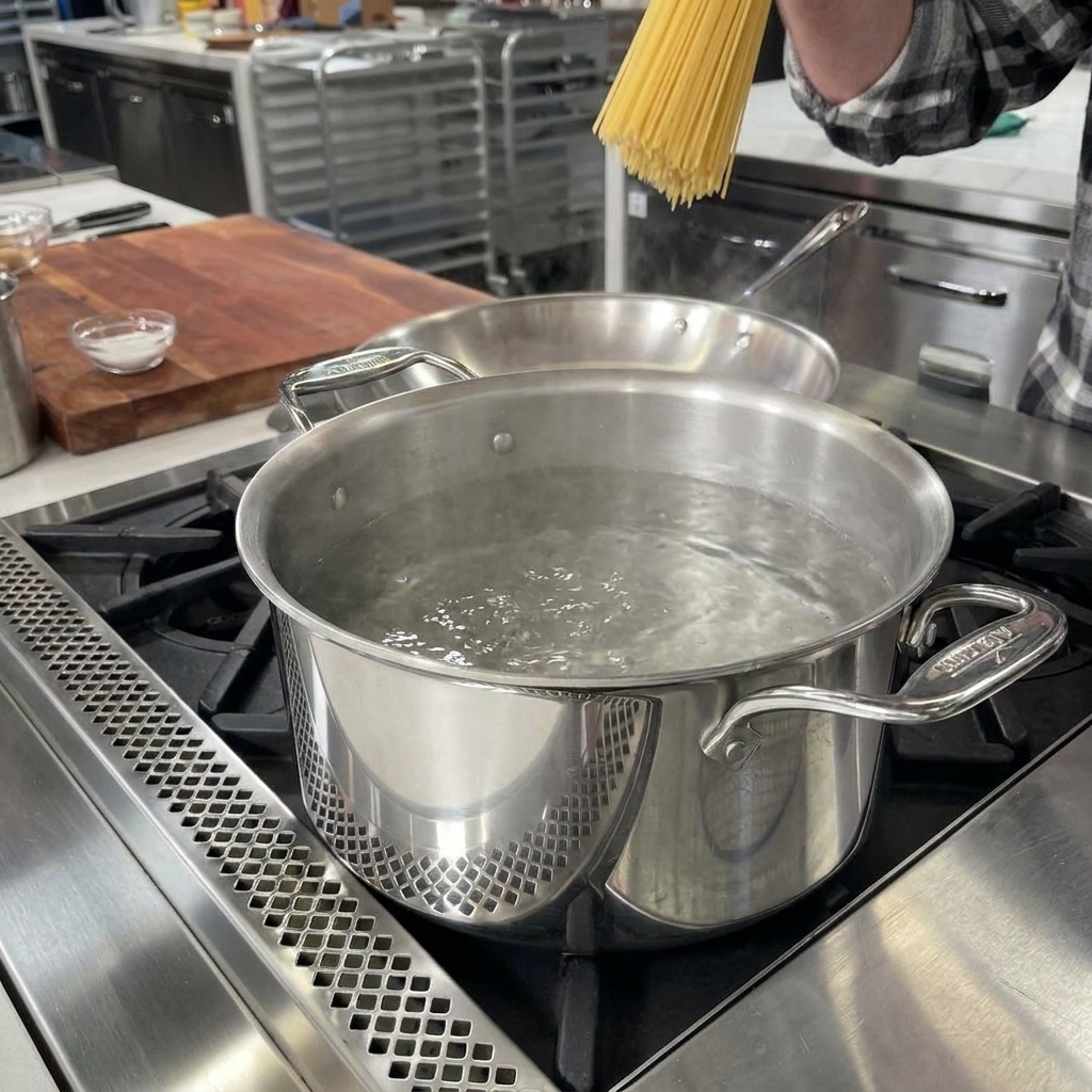 Eine Handvoll trockene Spaghetti wird in einen Edelstahltopf mit kochendem Salzwasser gegeben.
