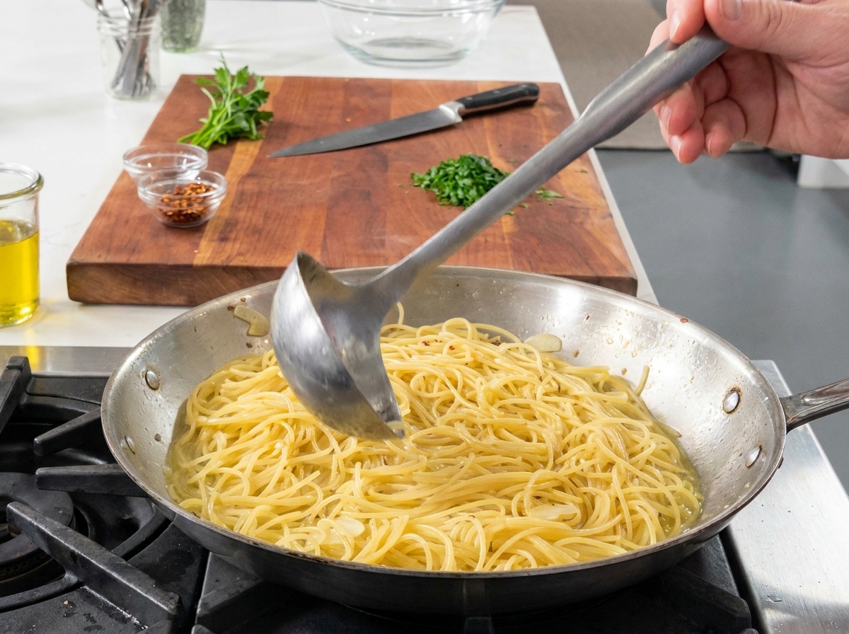 Eine Schöpfkelle gibt weiteres Nudelwasser über die Spaghetti in der Pfanne.