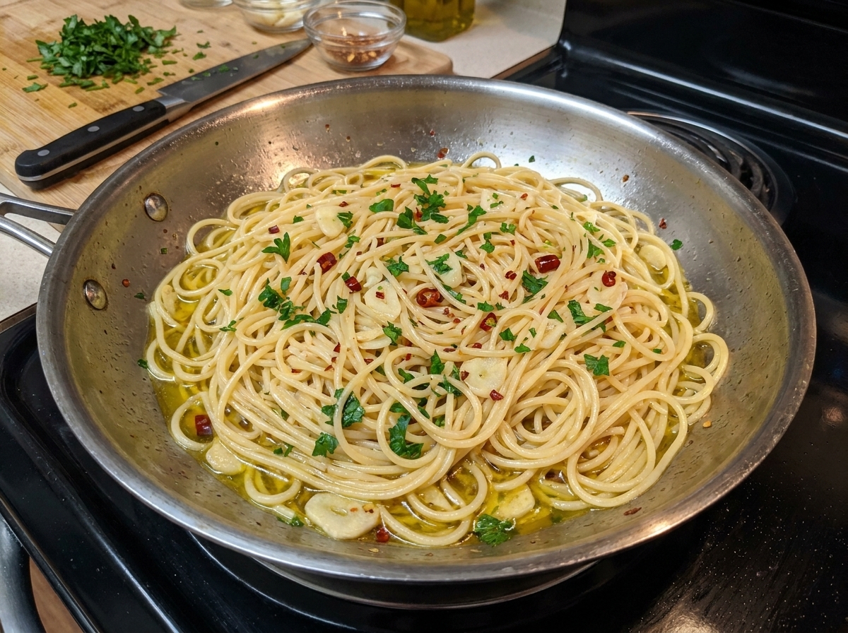 In Olivenöl geschwenkte Spaghetti mit Knoblauch, Chili und frisch gehackter grüner Petersilie in einer Pfanne.