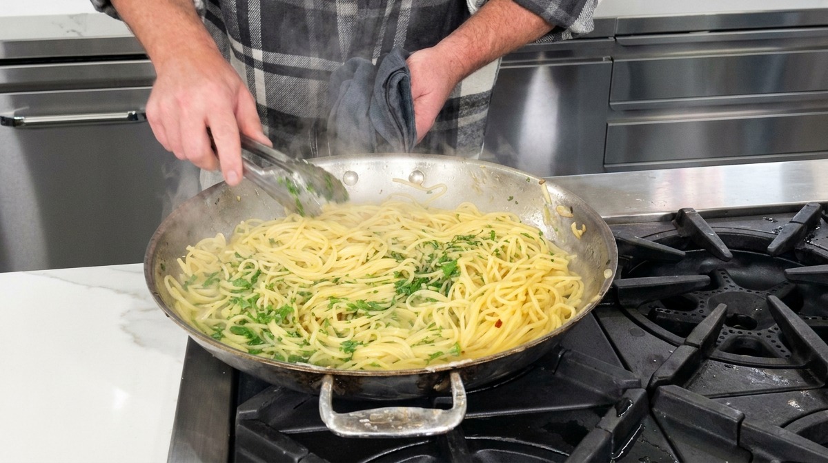 Spaghetti werden ein letztes Mal mit frischer Petersilie in einer großen Pfanne auf dem Herd geschwenkt.
