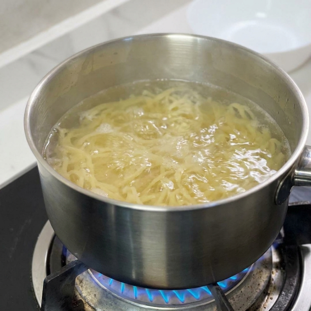 Spaghetti weichen in sprudelnd kochendem Wasser in einem Edelstahltopf auf.