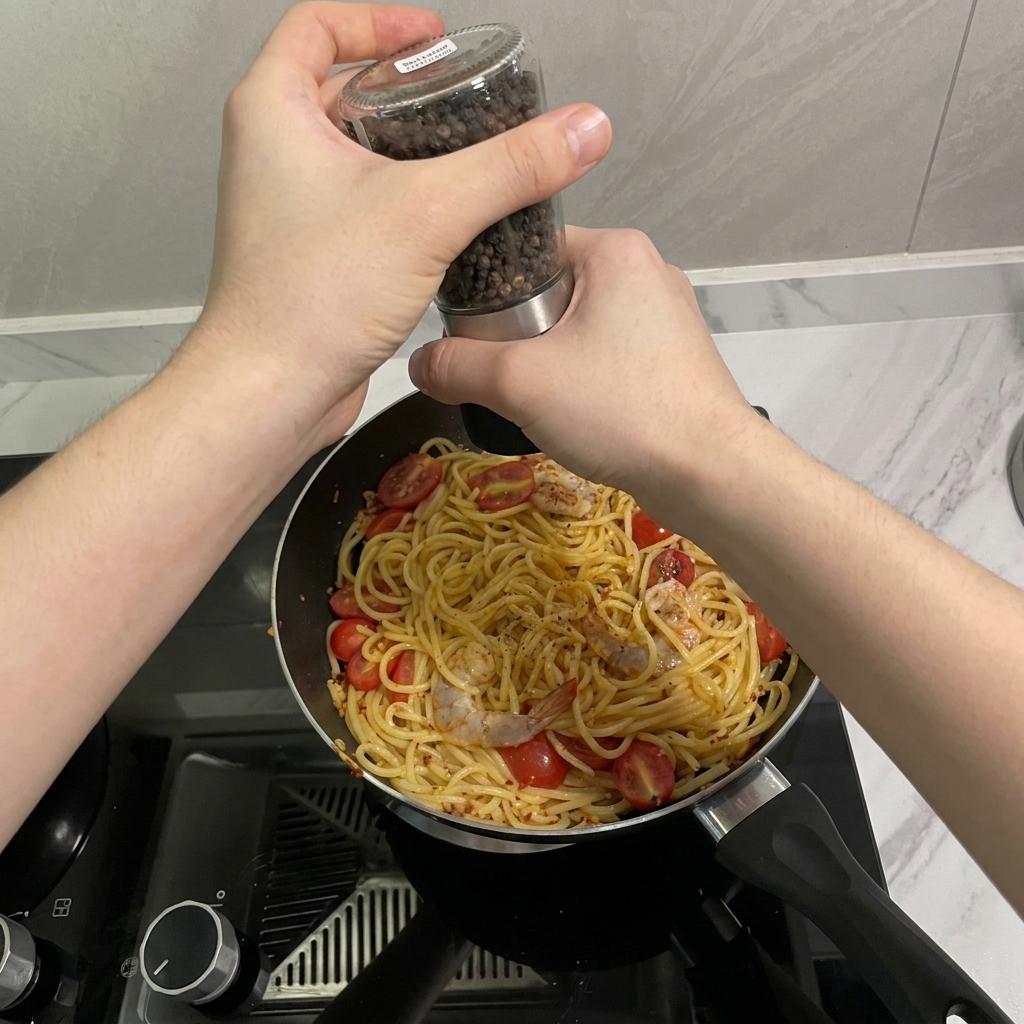 Frischer schwarzer Pfeffer wird über die Pfanne mit Spaghetti und Garnelen gemahlen.
