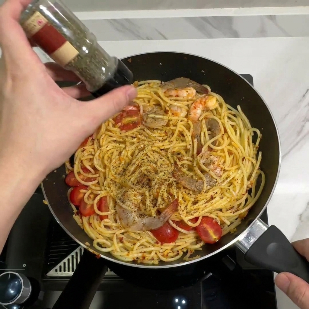 Getrocknete Petersilie wird aus einem Gewürzstreuer über die Pasta in der Pfanne gestreut.