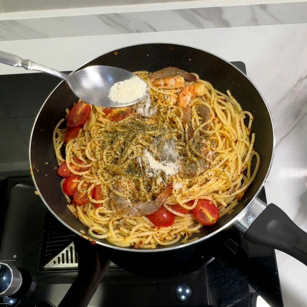 Ein Löffel streut Gewürzpulver über die fertige Pasta in der Pfanne.