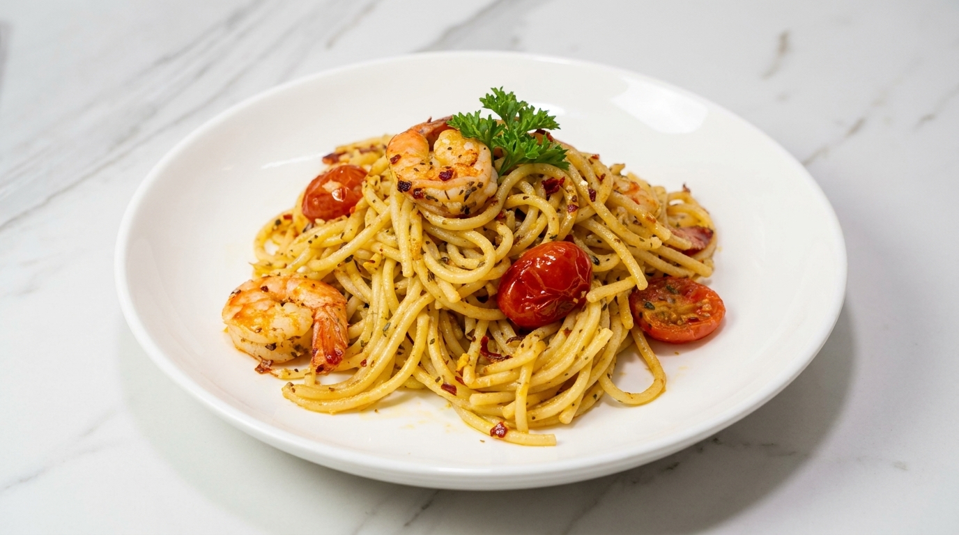 Schnelle Spaghetti Aglio e Olio mit Garnelen (15 Minuten)