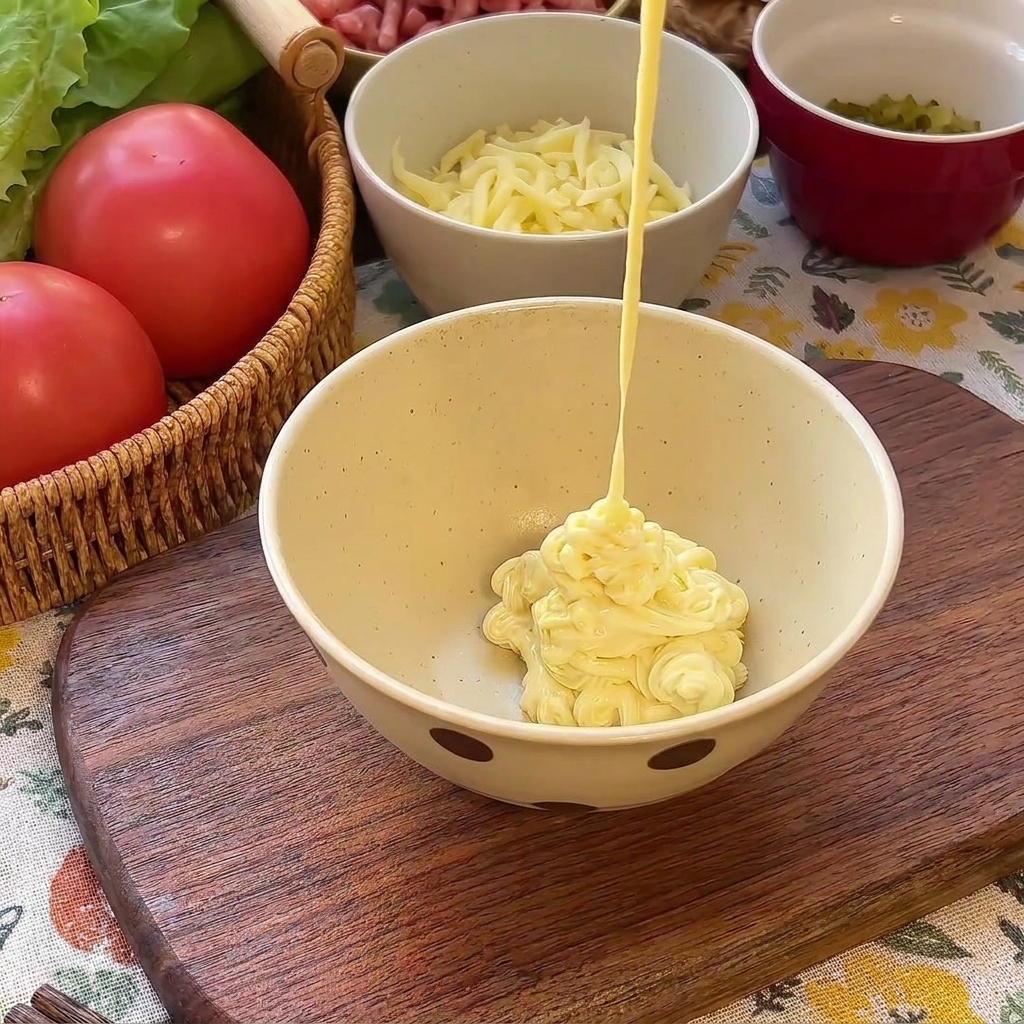 Mayonnaise wird in eine Schüssel mit Ketchup und gehackten Gurken gegeben.