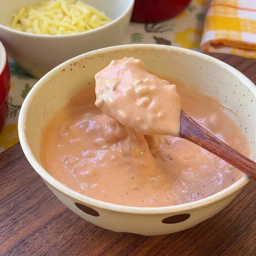 Ein Holzlöffel mit einer Portion helloranger Burgersauce über einer Schüssel.