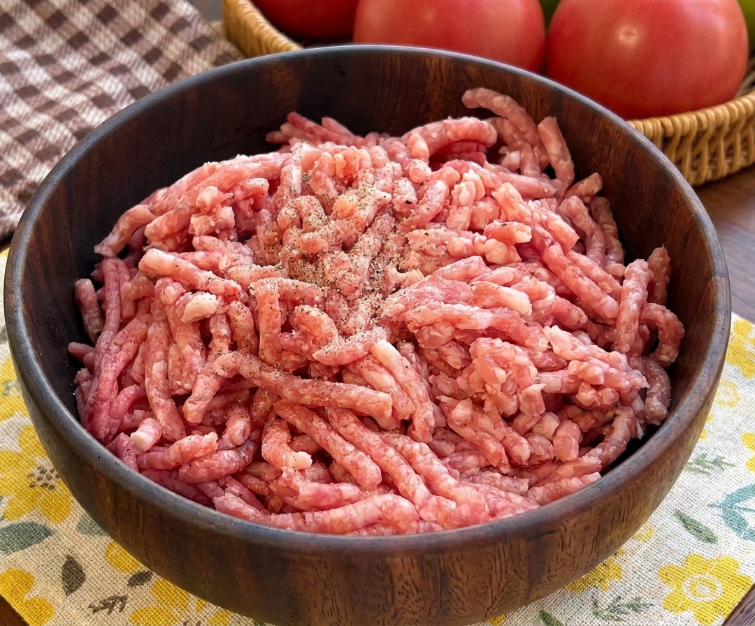 Eine Holzschüssel mit rohem Rinderhackfleisch, gewürzt mit Meersalz und schwarzem Pfeffer.