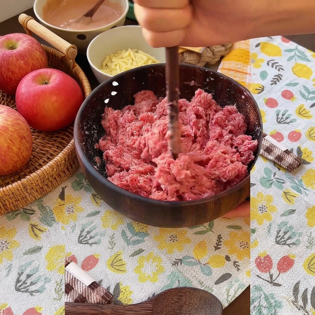 Hände rühren mit Stäbchen das gewürzte Hackfleisch in einer Schüssel kräftig um.