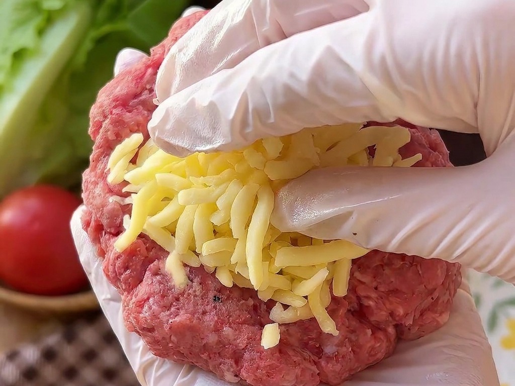 Eine Hand mit weißem Handschuh hält ein flaches Fleisch-Patty mit einer Portion geriebenem Käse in der Mitte.