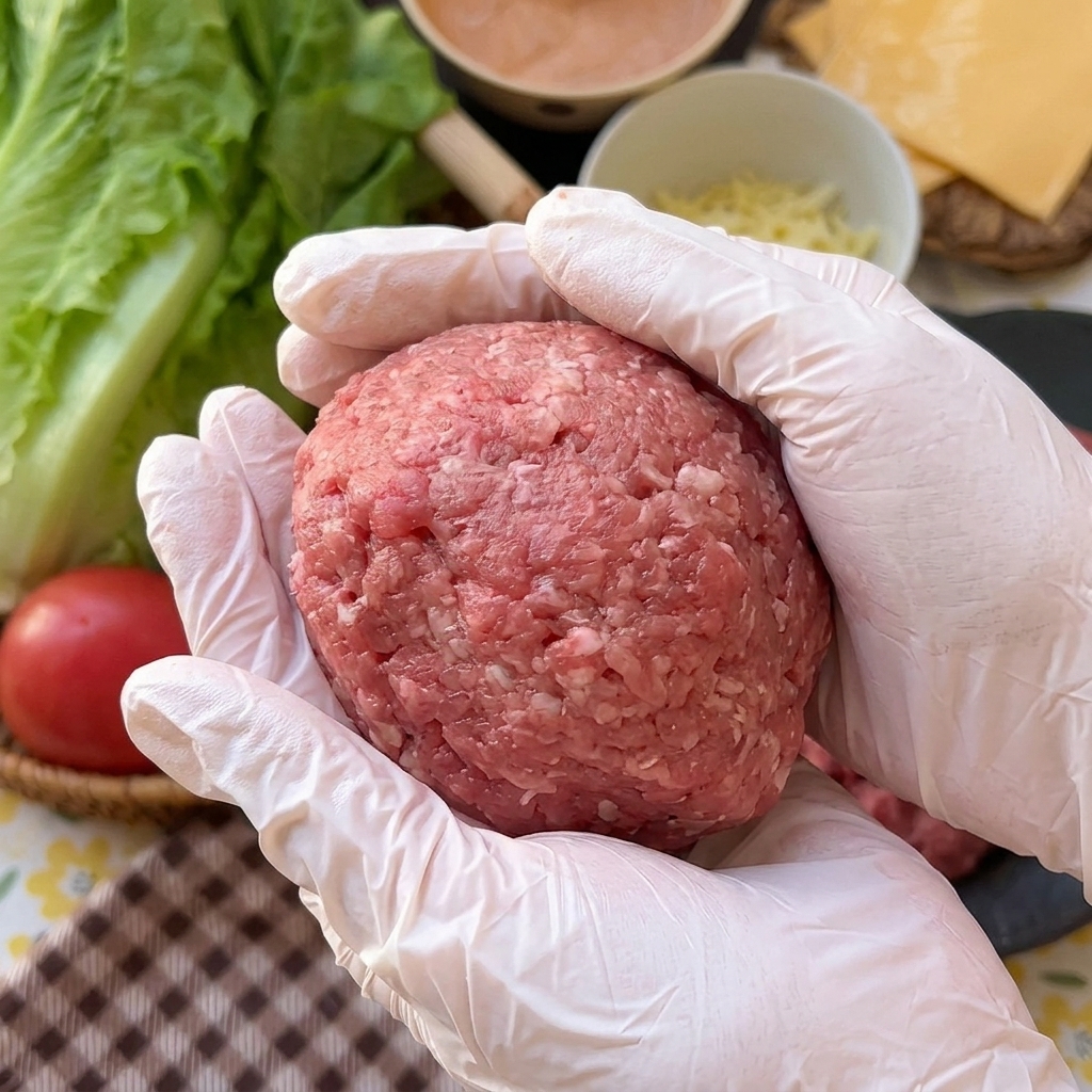 Zwei Hände formen vorsichtig ein rundes Fleisch-Patty, um den Käsekern vollständig zu umschließen.