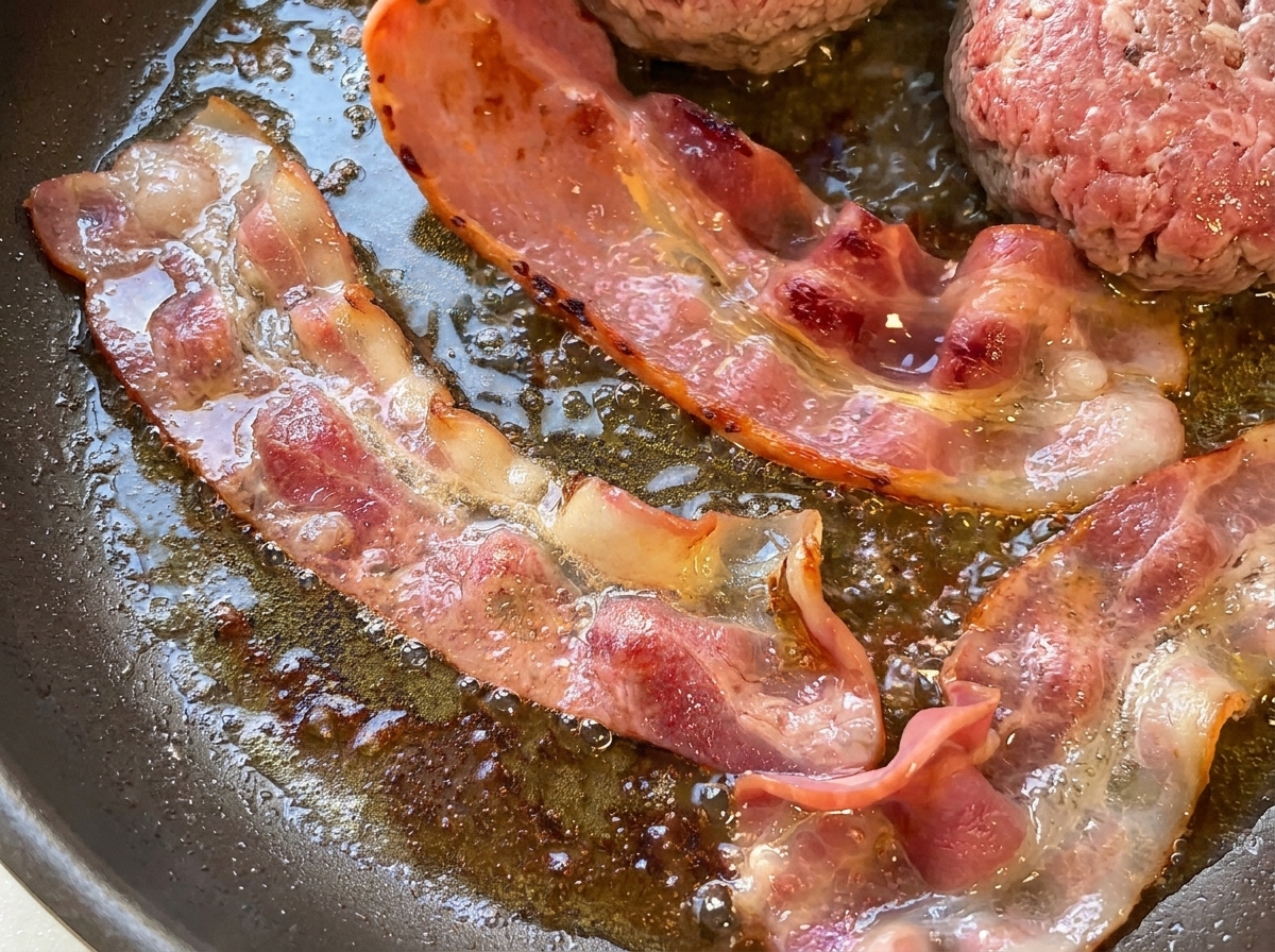Nahaufnahme von Speckstreifen, die im eigenen Fett und Butter in der Pfanne brutzeln.