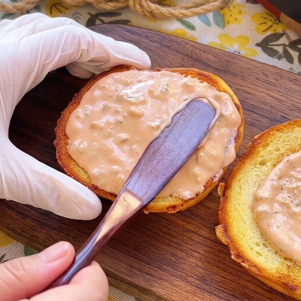 Ein Holzspatel verstreicht die cremige Burgersauce auf der gerösteten Seite eines Buns.