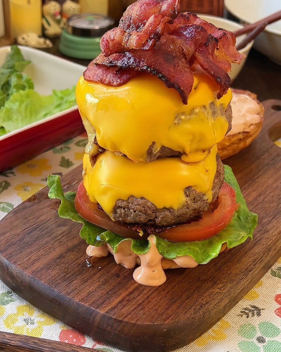 Ein hoher Burger wird auf einem Holzbrett geschichtet: Salat, Tomate, zwei Patties mit Käse und Speck.