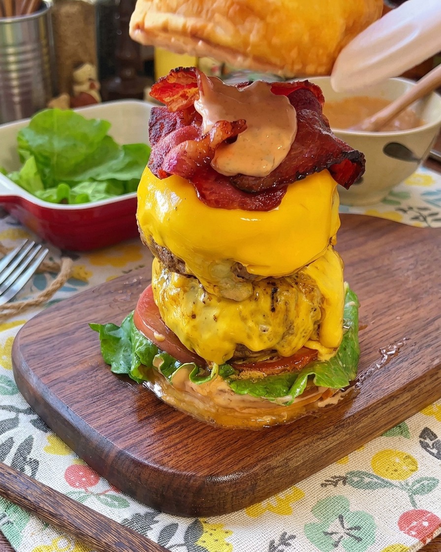 Der Deckel des Brötchens wird auf den fertig geschichteten Burger gesetzt.