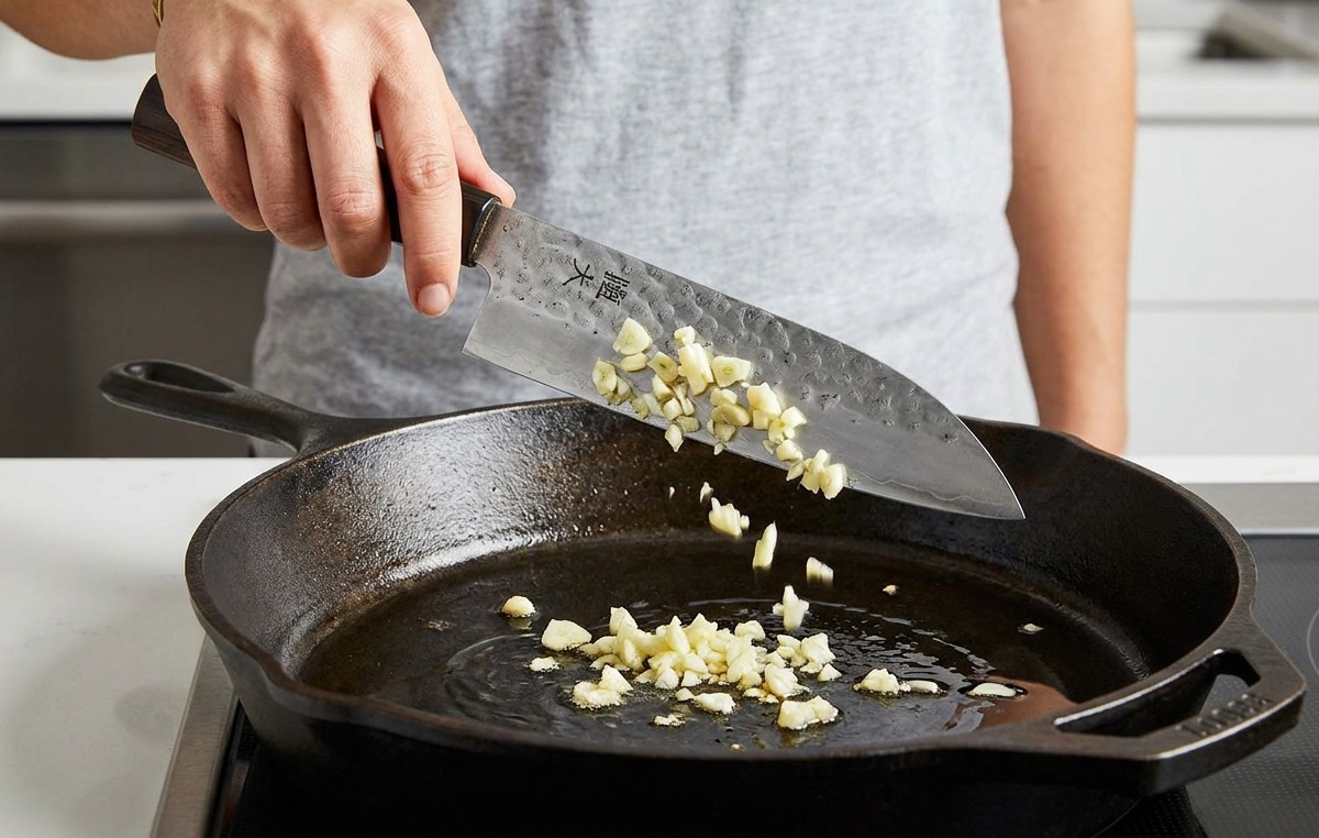 Fein gehackter Knoblauch wird von einer Messerklinge in eine Pfanne mit warmem Öl geschoben.