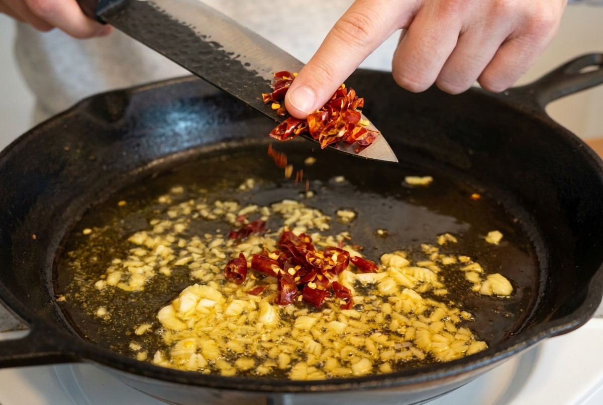 Finger schieben gehackte getrocknete Chilis von einem Messer in die Pfanne zum Knoblauch.