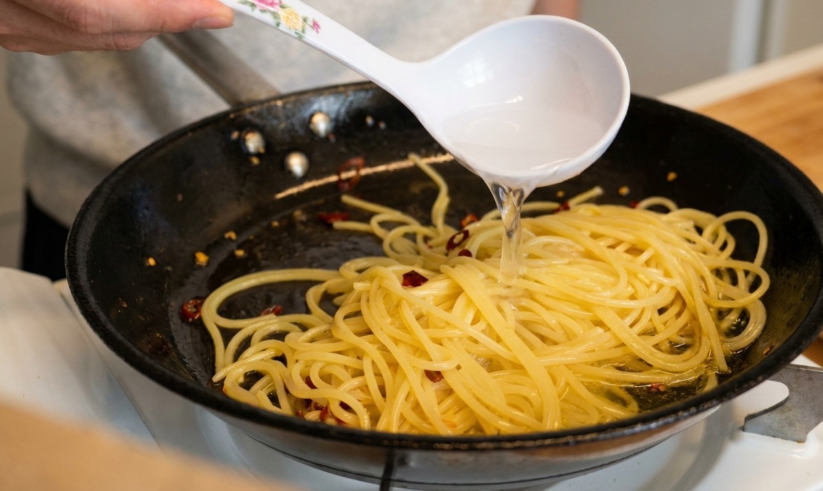Eine Hand gießt noch eine Kelle stärkehaltiges Wasser in die Pfanne mit den Spaghetti.