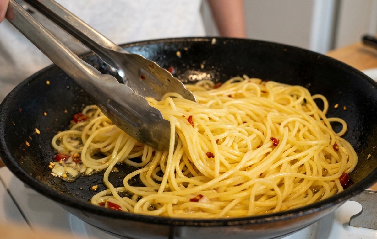 Eine Metallzange schwenkt die Spaghetti kräftig in der Pfanne, wodurch eine glänzende Sauce entsteht.