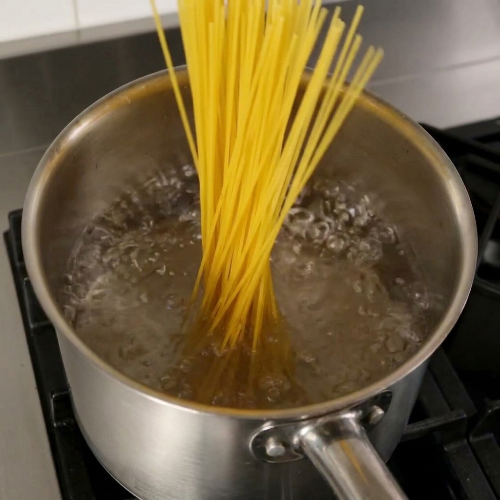 Ein Bündel trockener Spaghetti, das in einen Edelstahltopf mit sprudelnd kochendem Wasser gegeben wird.