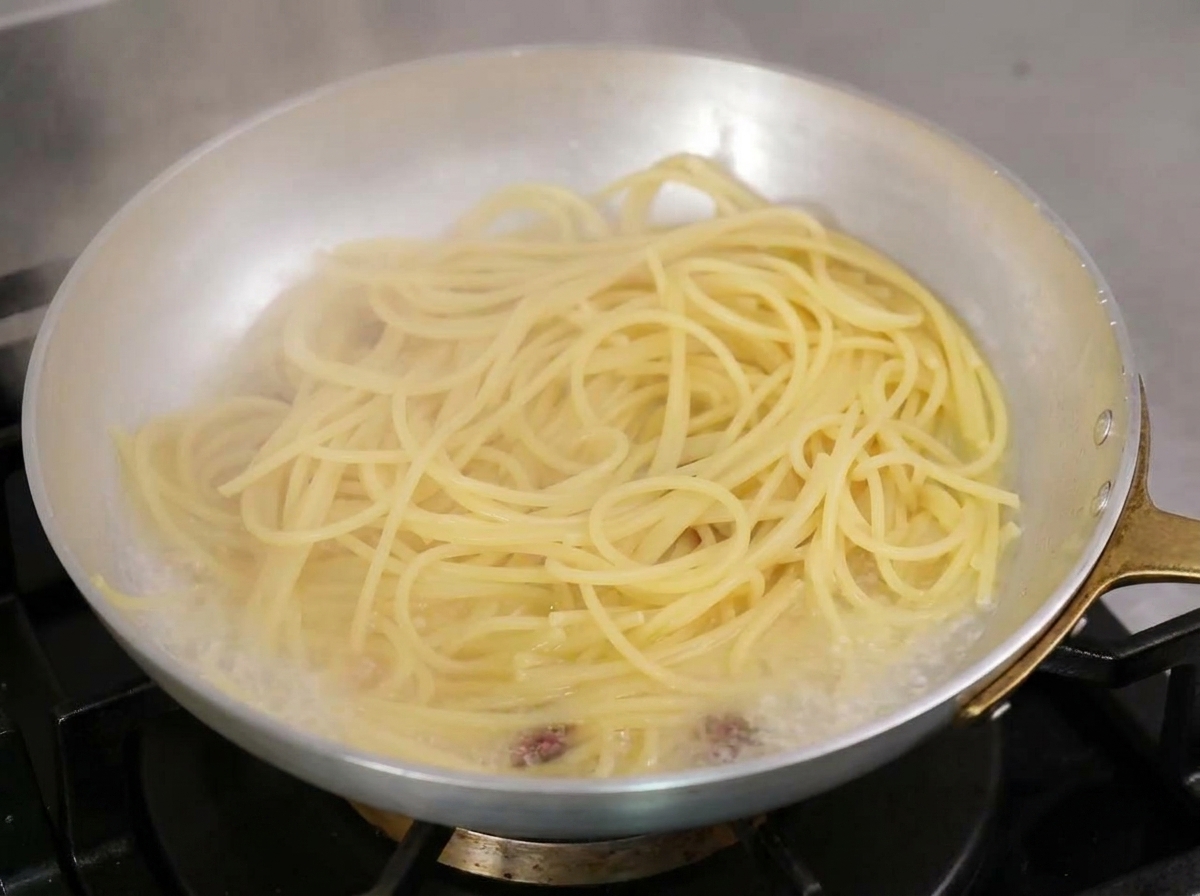 Spaghetti, die zusammen mit sprudelndem stärkehaltigem Kochwasser und Olivenöl in einer Pfanne köcheln.