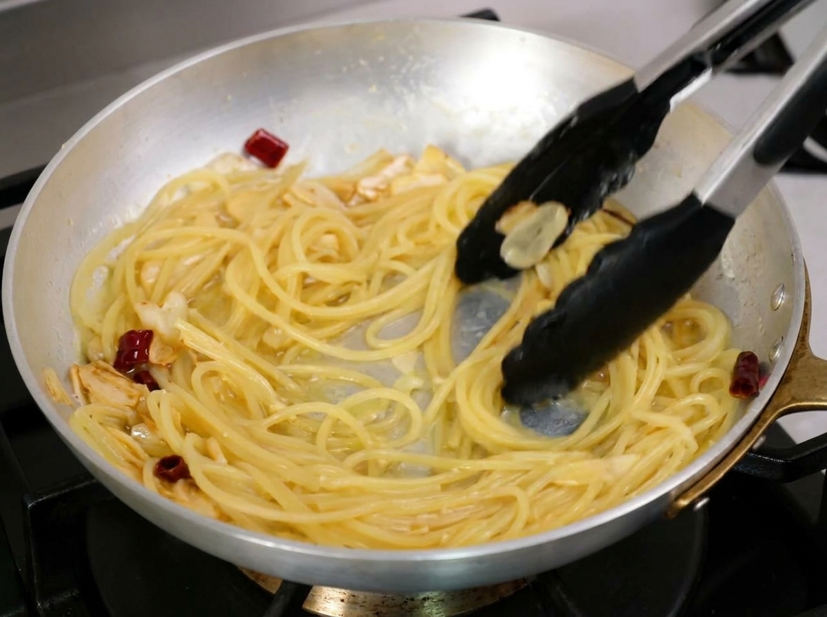 Spaghetti, die mit einer schwarzen Küchenzange in der Pfanne geschwenkt werden, um eine emulgierte Knoblauch-Öl-Sauce zu erzeugen.