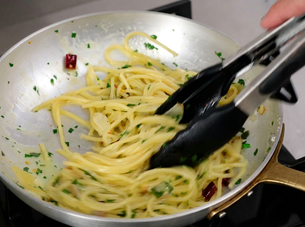 Ein ordentlich gedrehtes Nest aus Spaghetti in einer flachen Keramikschale, garniert mit frischen Kräutern und gerösteten Knoblauchscheiben.