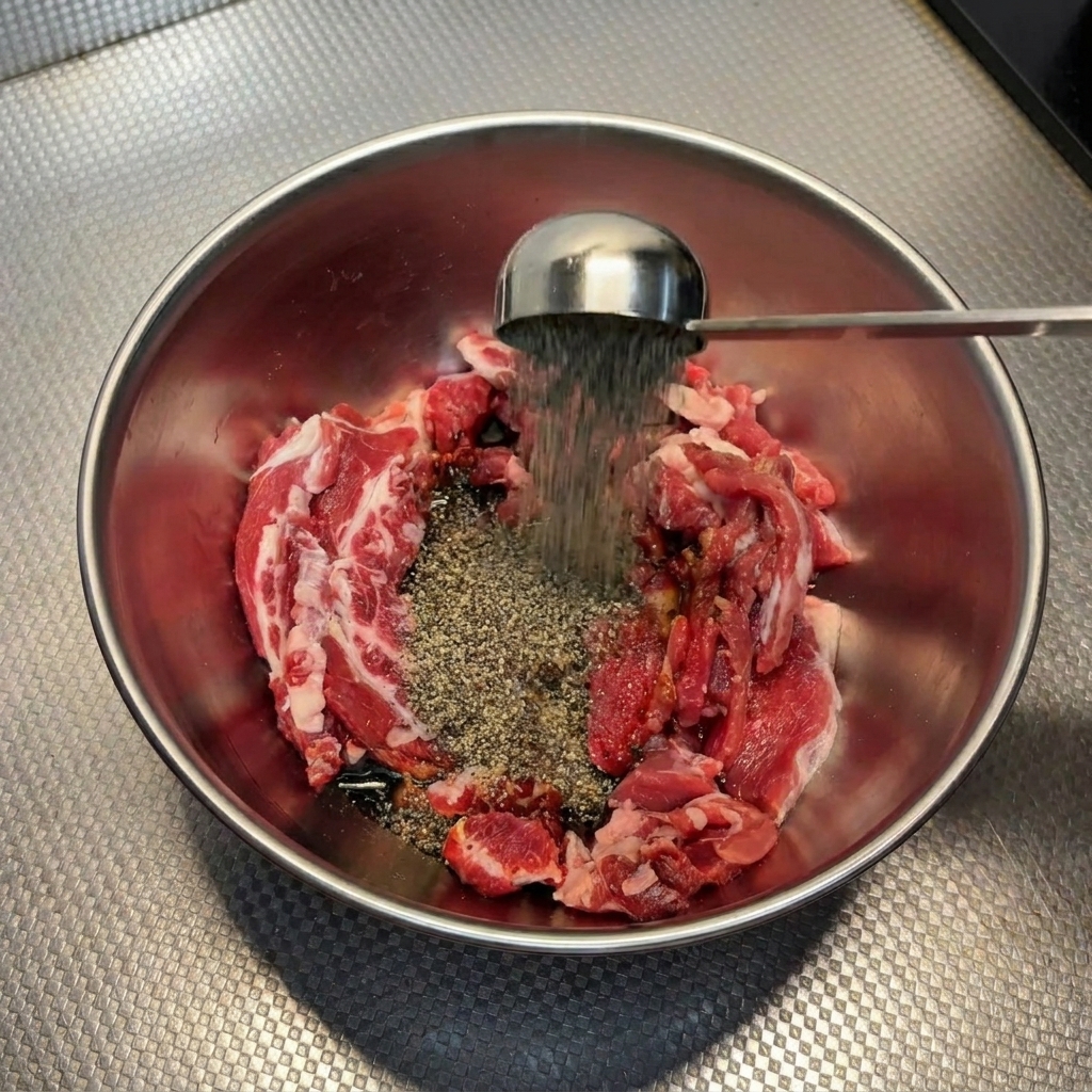 Gemahlener schwarzer Pfeffer wird über das Rindfleisch in der Schüssel gestreut.