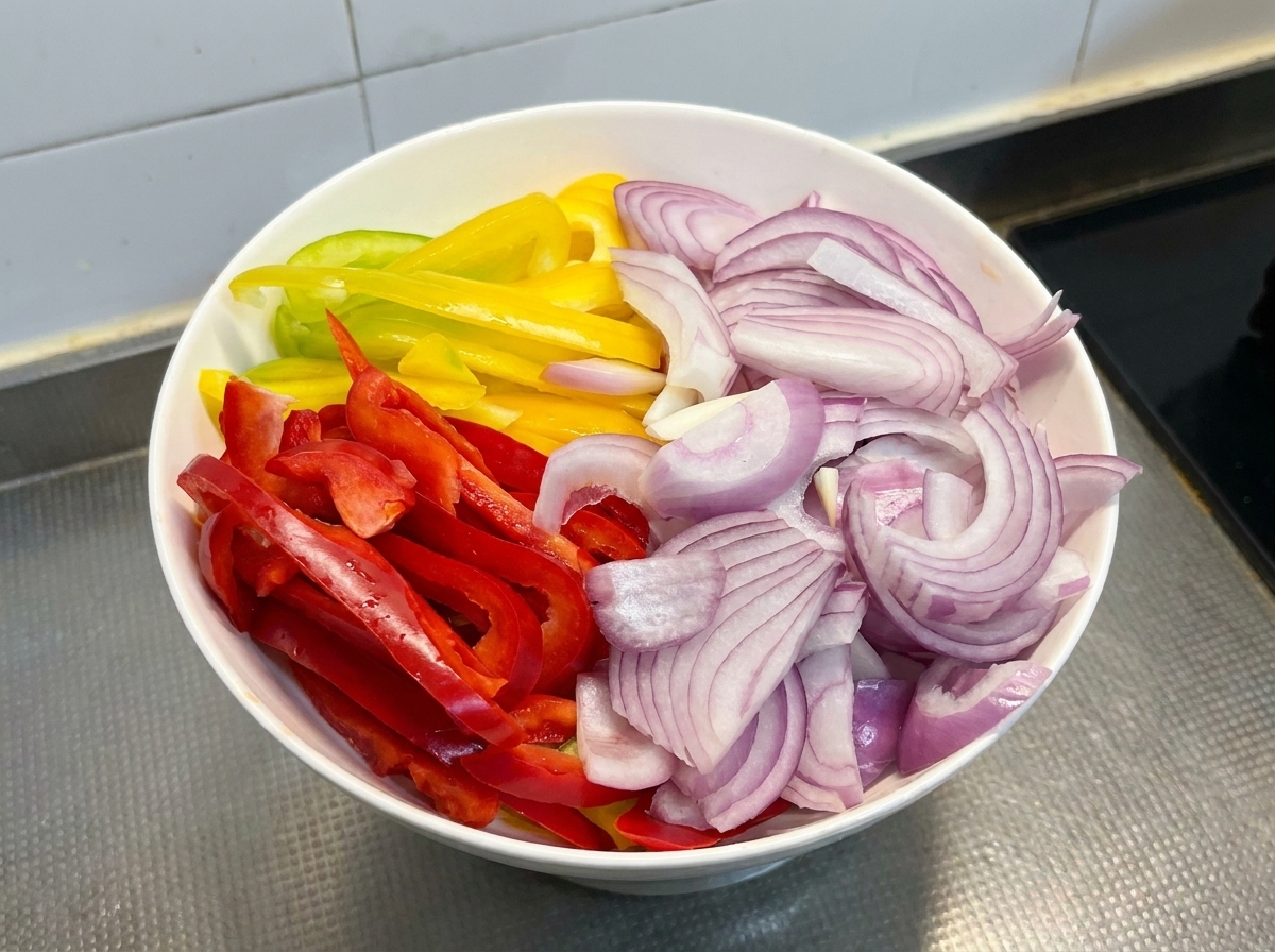 Eine weiße Schüssel mit gleichmäßig geschnittenen roten Zwiebeln und bunten Paprikastreifen.