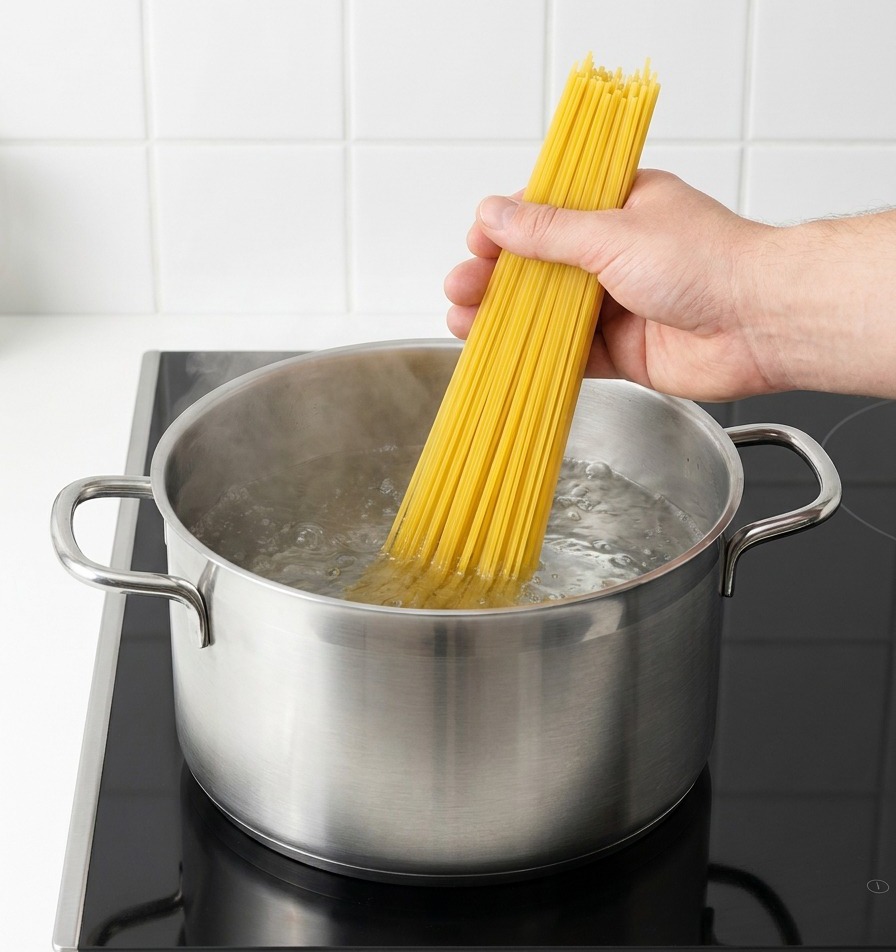 Spaghetti werden in einen Topf mit sprudelnd kochendem Wasser gegeben.