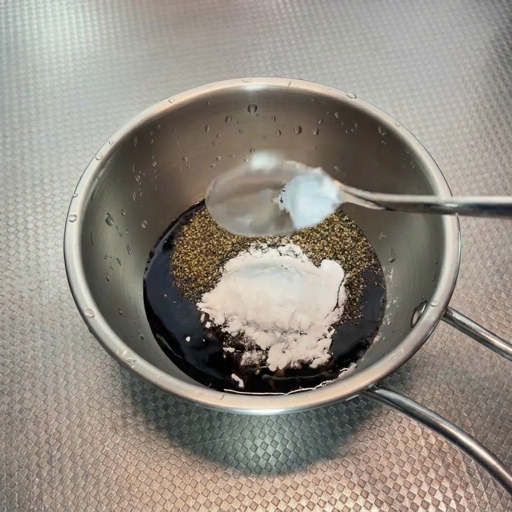 Maisstärke wird in eine kleine Schüssel mit dunkler Sauce gegeben.