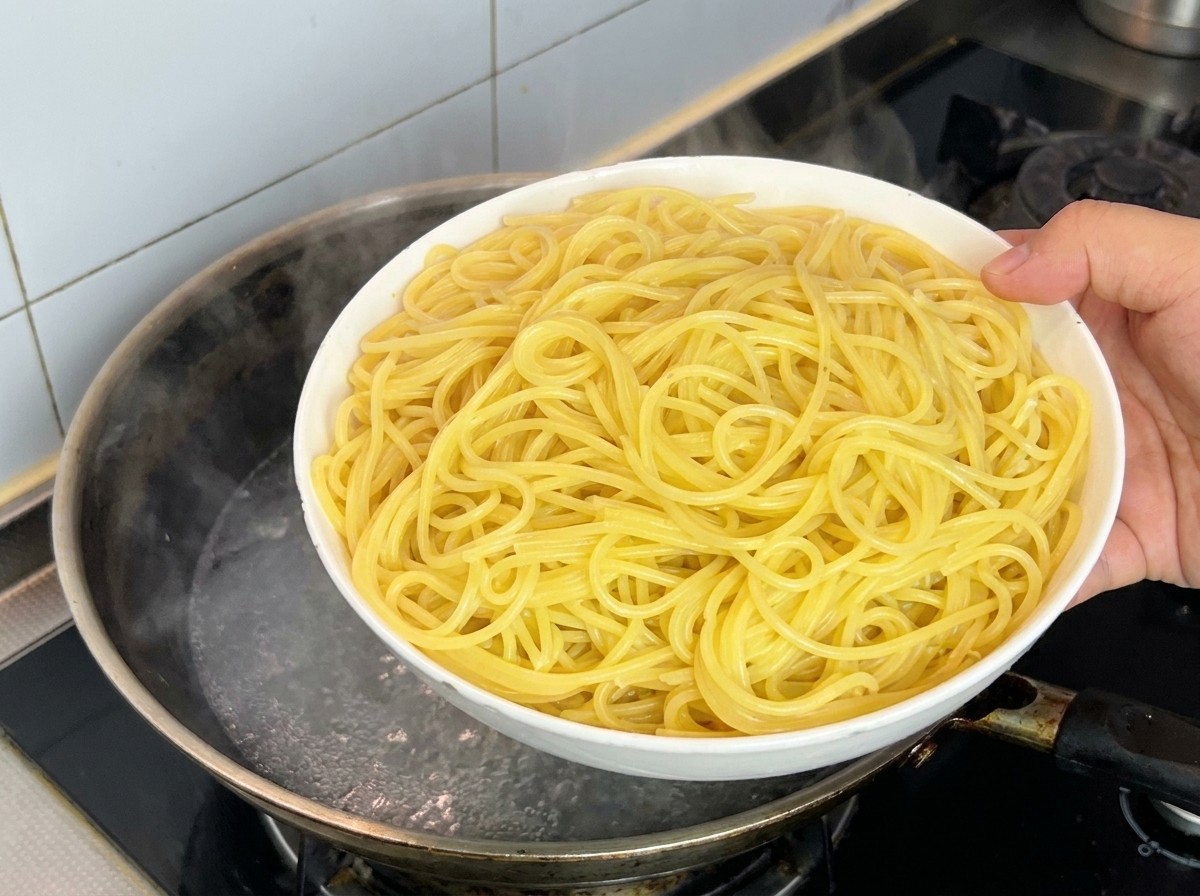 Eine Schüssel mit frisch gekochten Spaghetti steht bereit.
