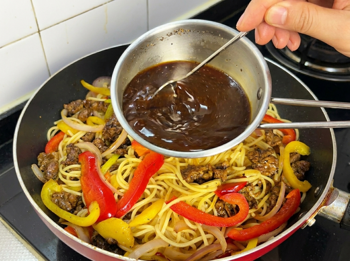 Die vorbereitete Pfeffersauce wird gleichmäßig über die Pasta gegossen.
