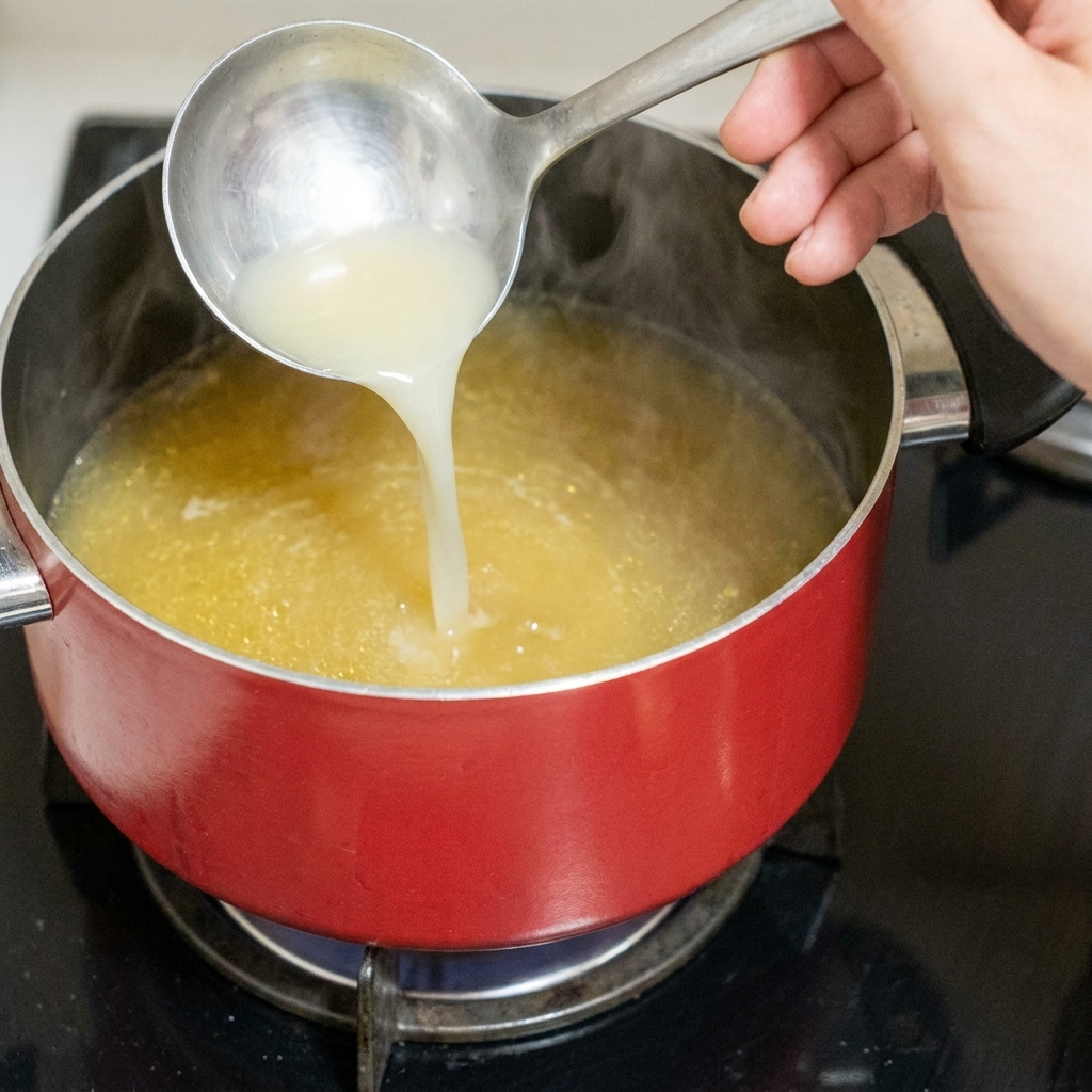Eine Hand gibt einen großzügigen Löffel Salz in den roten Topf mit kochenden Spaghetti.