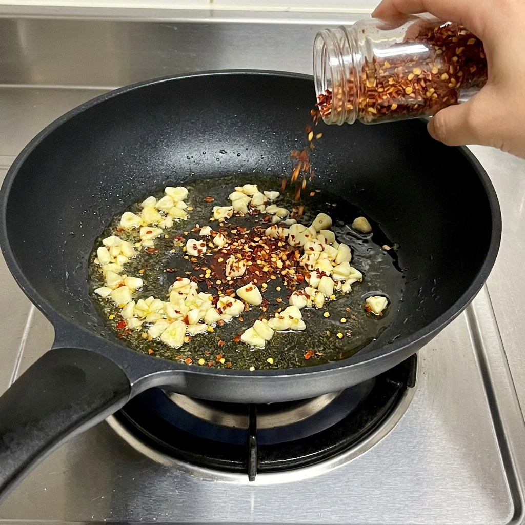 Rote Chiliflocken werden aus einem Gewürzglas in die Pfanne mit Knoblauch gestreut.
