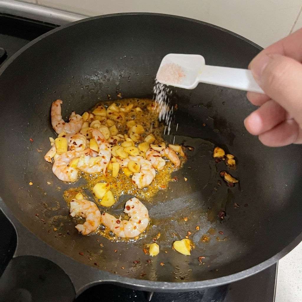 Ein kleiner Messlöffel streut Salz über die rosa werdenden Garnelen in einem schwarzen Wok.