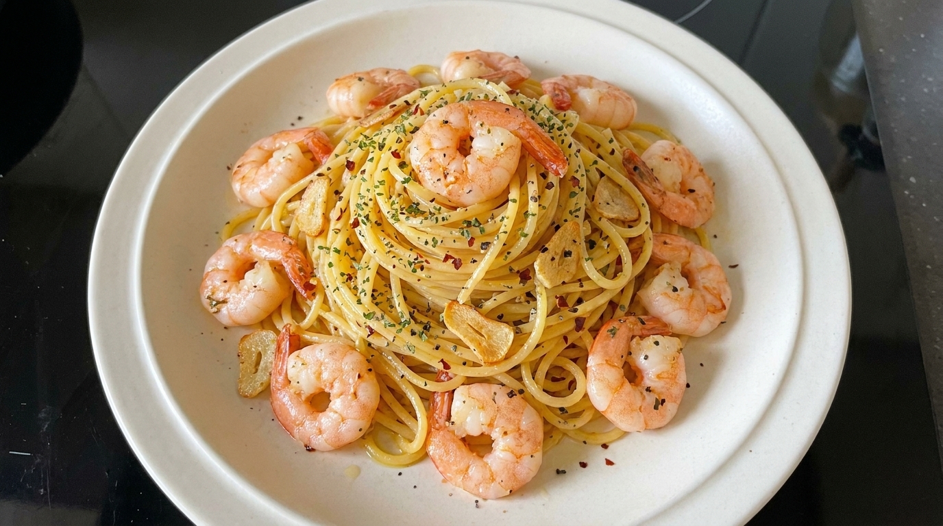 Eine frisch angerichtete Portion Knoblauch-Garnelen-Pasta, garniert mit Petersilie, Chiliflocken und grobem schwarzen Pfeffer.