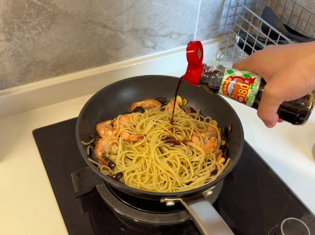 Helle Sojasauce wird über die Spaghetti und Garnelen in der Pfanne gegossen.