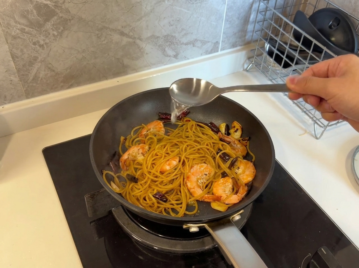 Ein Löffel gießt stärkehaltiges Nudelwasser in die Pfanne mit der Pasta.