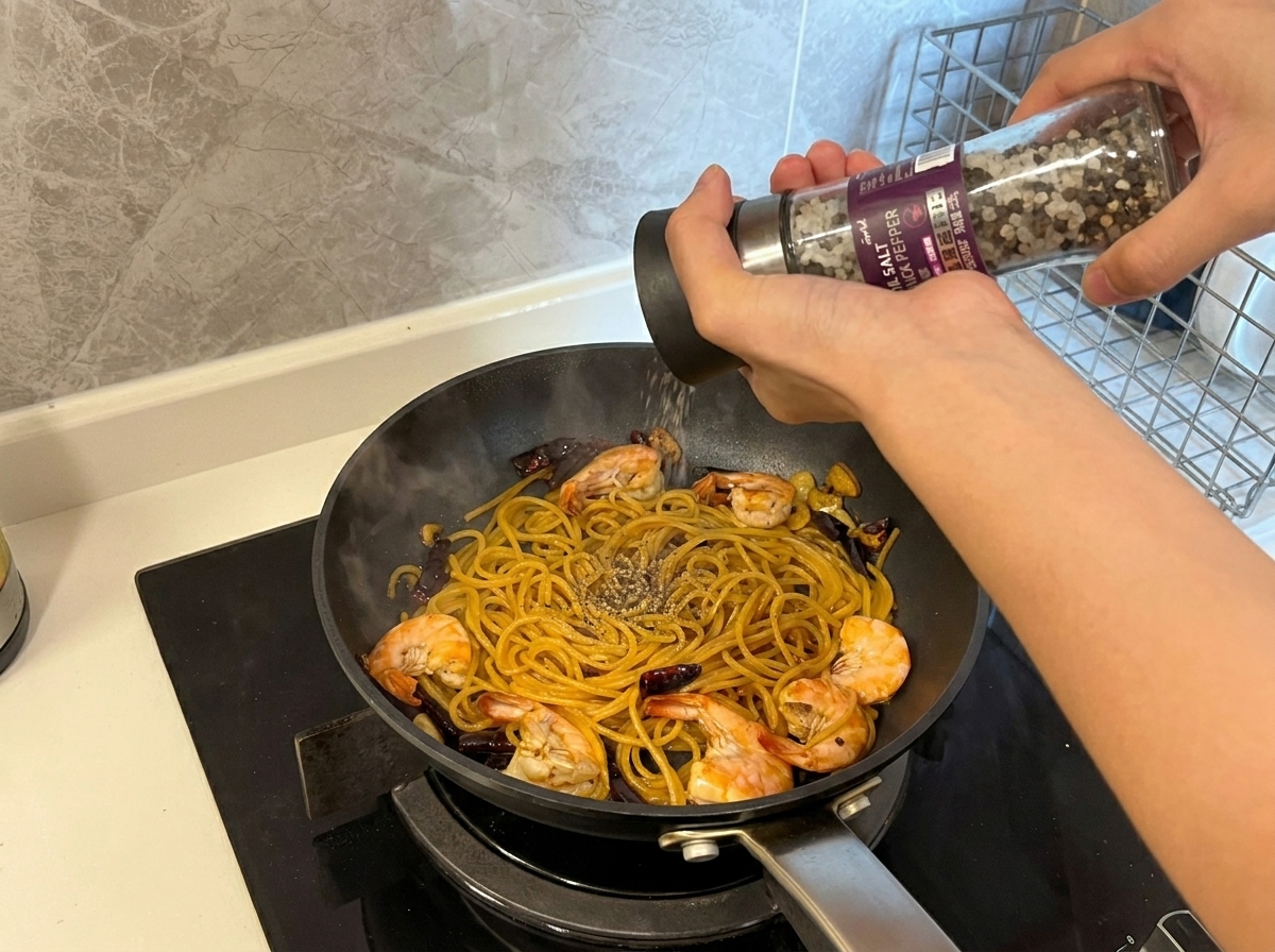 Frischer schwarzer Pfeffer wird über die fertige Garnelen-Pasta gemahlen.