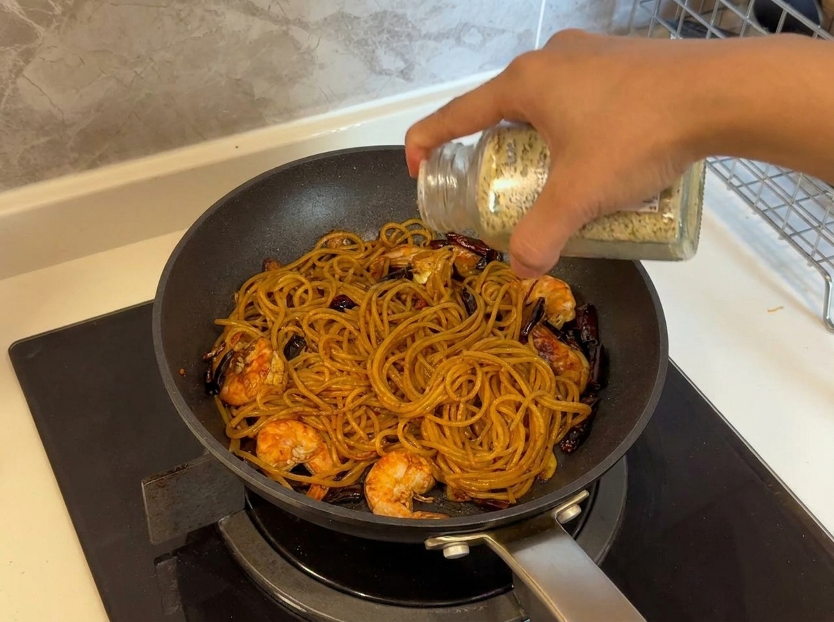 Getrocknete Petersilie wird über die fertige Pasta in der Pfanne gestreut.