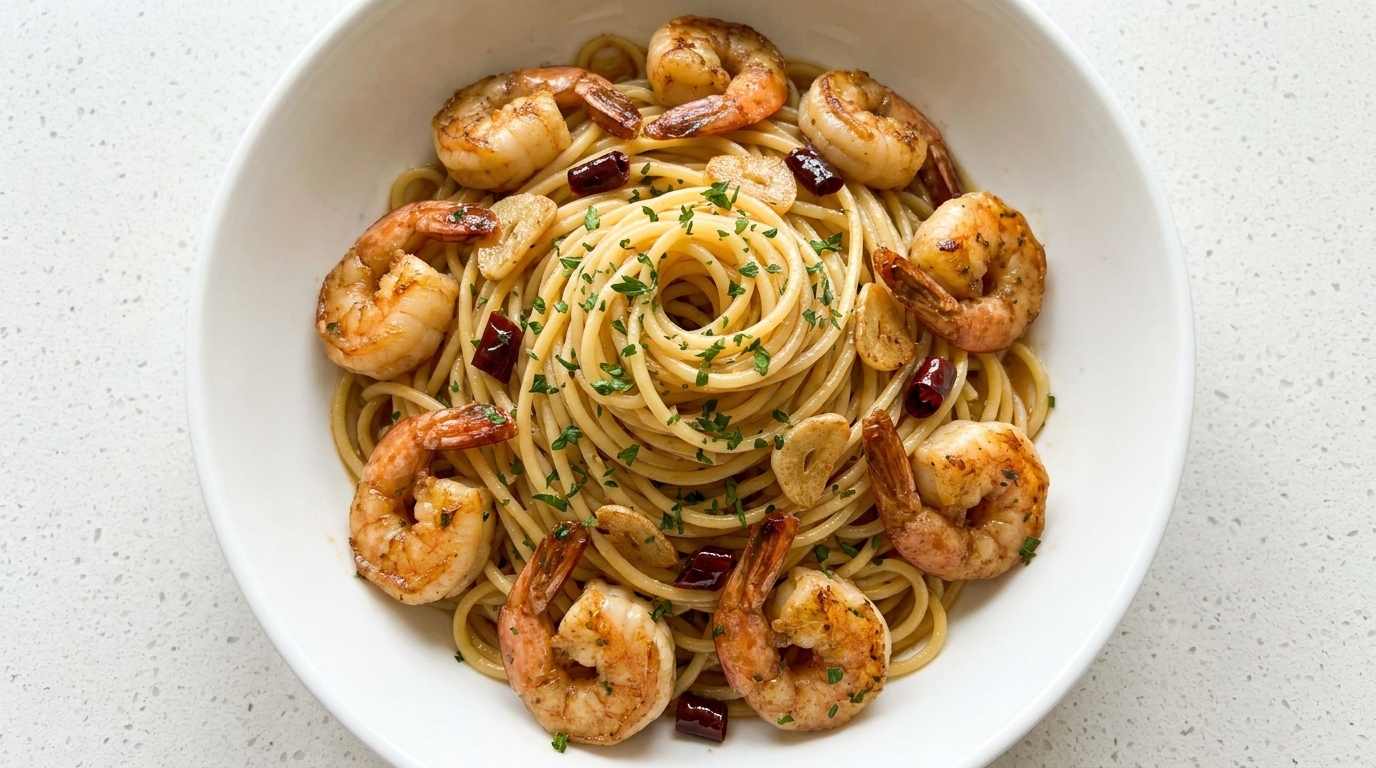 10-Minuten-Pasta mit Knoblauch-Garnelen und Sojasauce