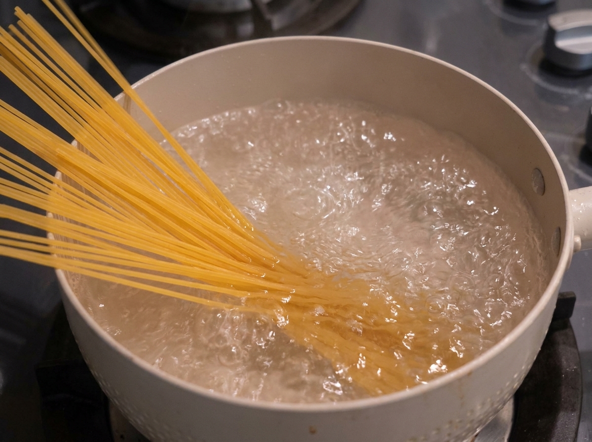 Spaghetti in einem Topf mit sprudelnd kochendem Wasser.
