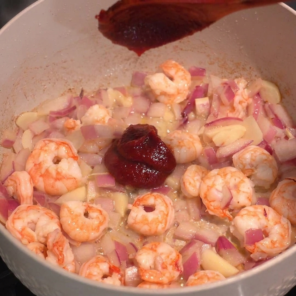 Ein Löffel rote Gochujang-Paste wird zu den Garnelen in der Pfanne gegeben.