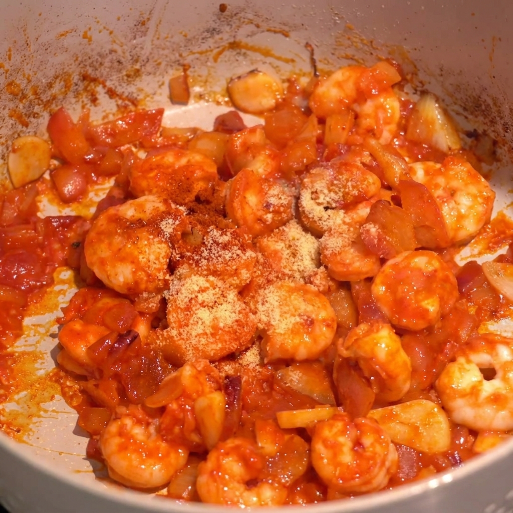Garnelen in roter Sauce werden mit Gewürzen bestreut.