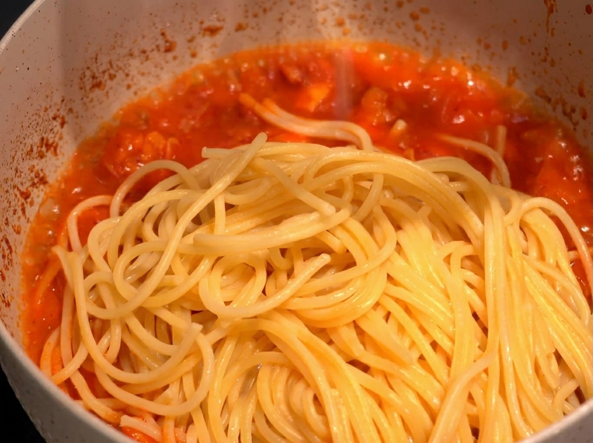 Gekochte Spaghetti werden mit der scharfen Garnelensauce in der Pfanne vermischt.