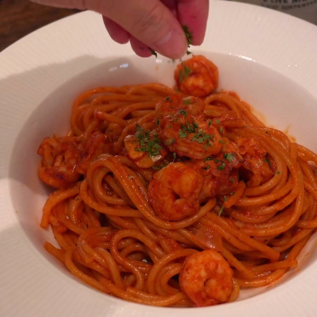 Frische Petersilie wird über die fertige Garnelen-Pasta gestreut.