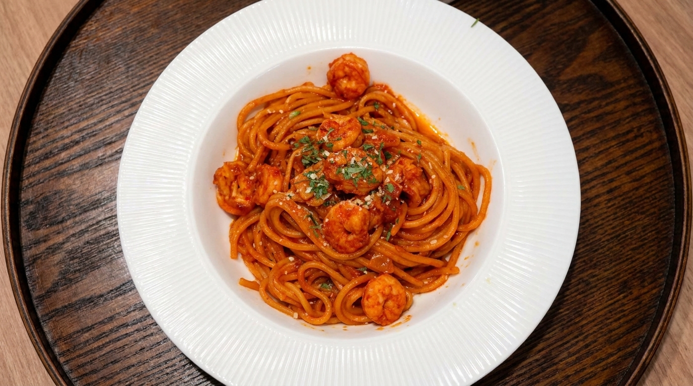 Scharfe Garnelen-Knoblauch-Pasta auf koreanische Art