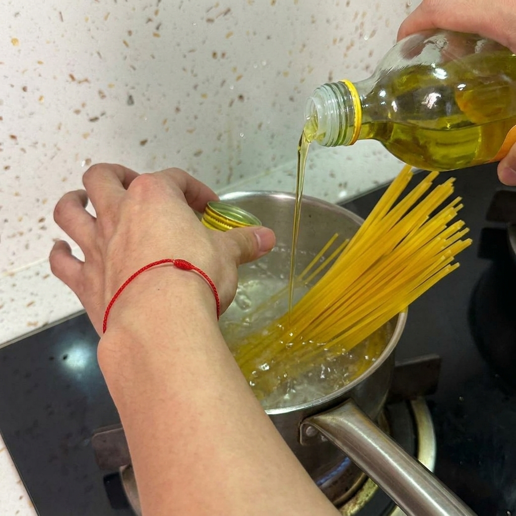 Goldenes Olivenöl wird aus einer Flasche in den Topf mit kochenden Spaghetti gegossen.