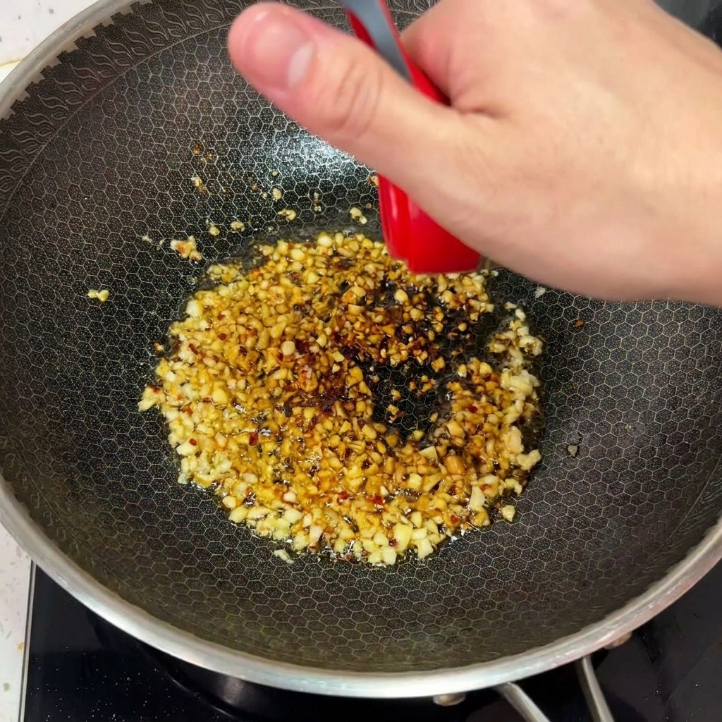 Chiliflocken werden über den Knoblauch in den Wok gestreut.